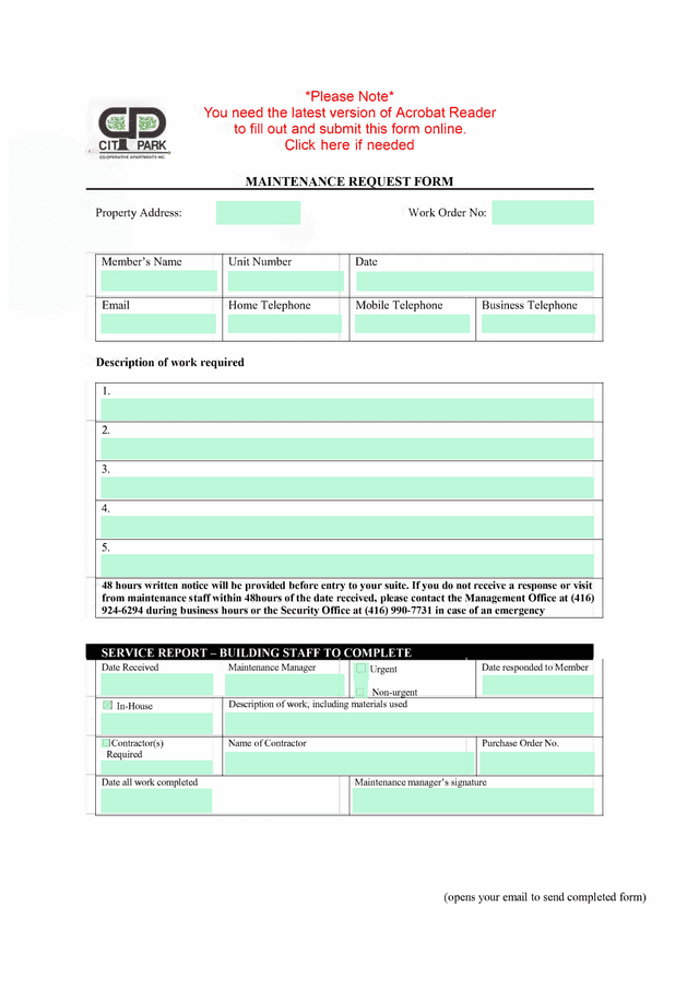 MAINTENANCE REQUEST FORM screenshot