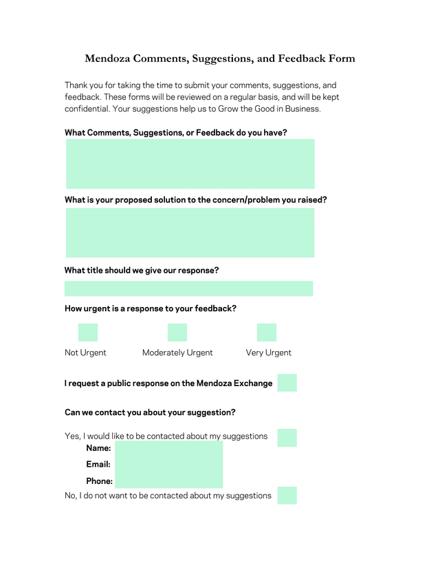Mendoza Comments, Suggestions, And Feedback Form screenshot