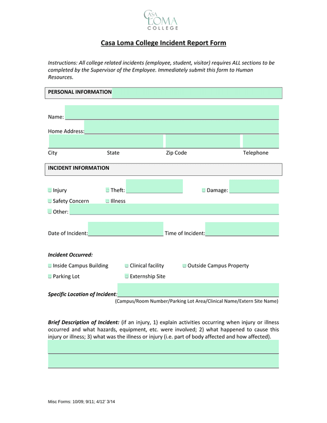 Casa Loma College Incident Report Form screenshot