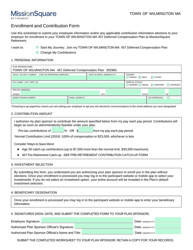 Enrollment And Contribution Form screenshot
