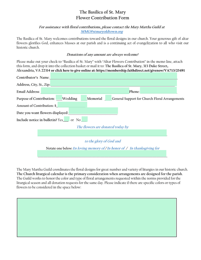 Basilica Of St. Mary Flower Contribution Form screenshot