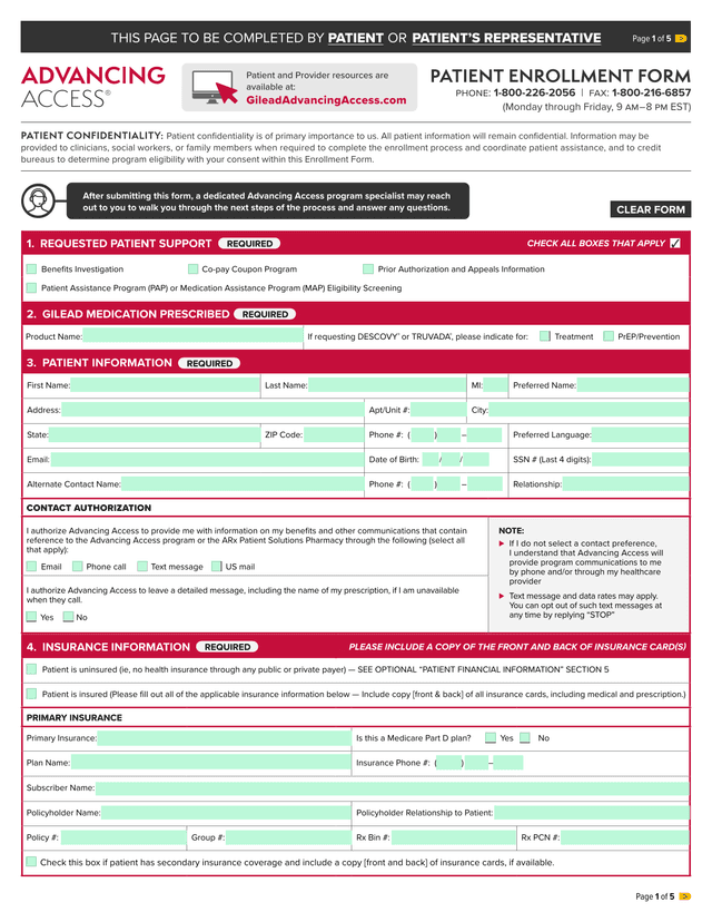 Advancing Access Patient Support Form screenshot