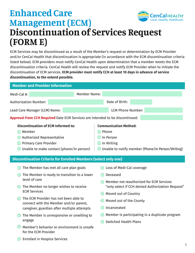 Enhanced Care Management (ECM) Discontinuation Of Services Request (FORM E) screenshot