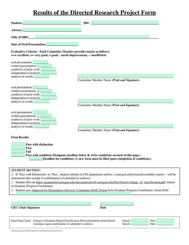 Results Of The Directed Research Project Form screenshot