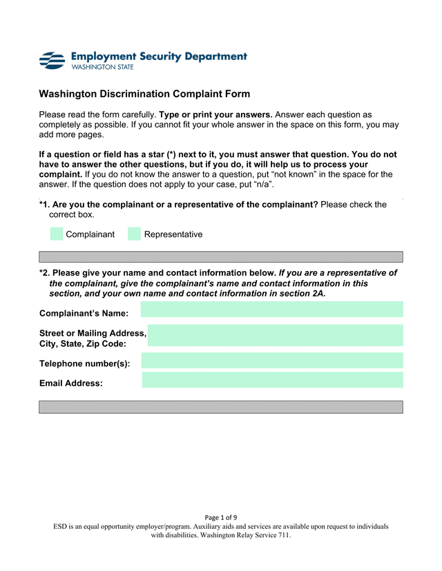 Washington Discrimination Complaint Form screenshot