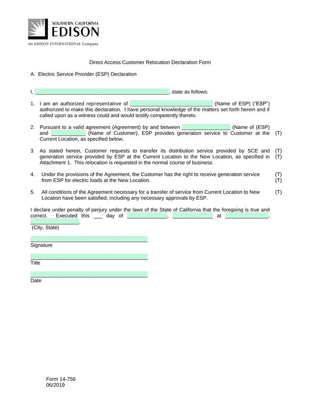 Form 14 756 Direct Access Customer Relocation Declaration Form screenshot