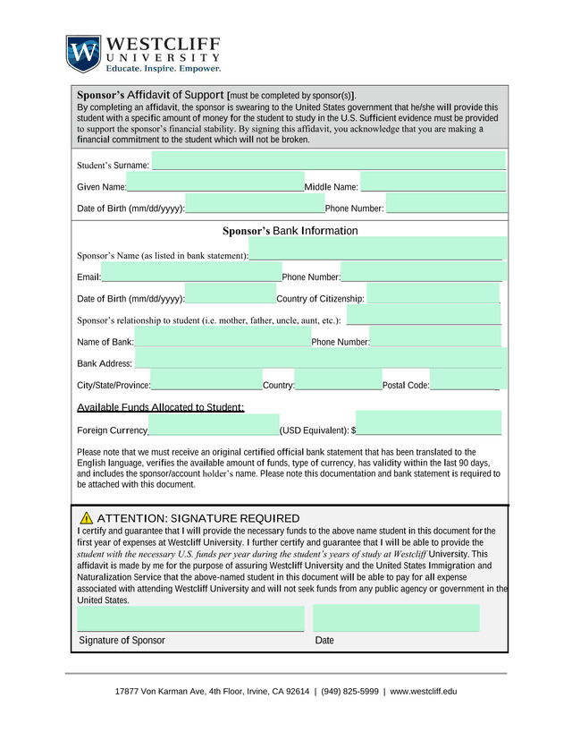 Westcliff University SponsorS Financial Affidavit screenshot