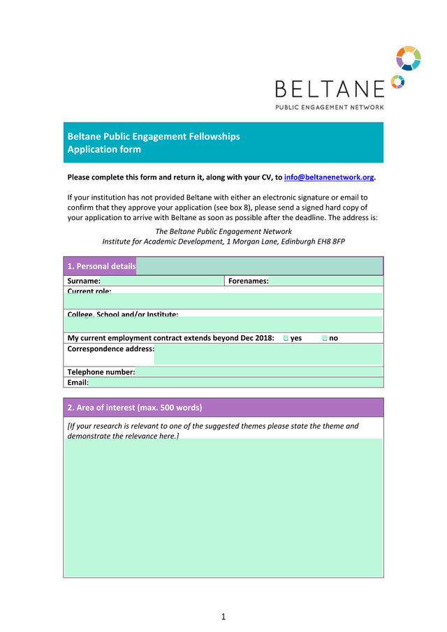 Beltane Public Engagement Fellowships Application Form screenshot