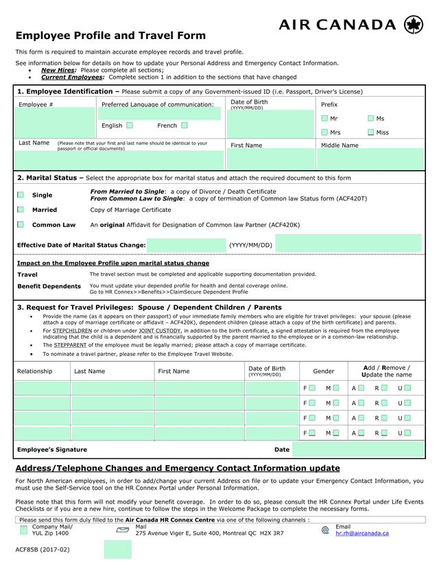 Employee Profile And Travel Form screenshot
