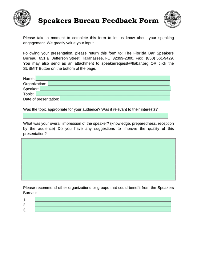 Speakers Bureau Feedback Form screenshot