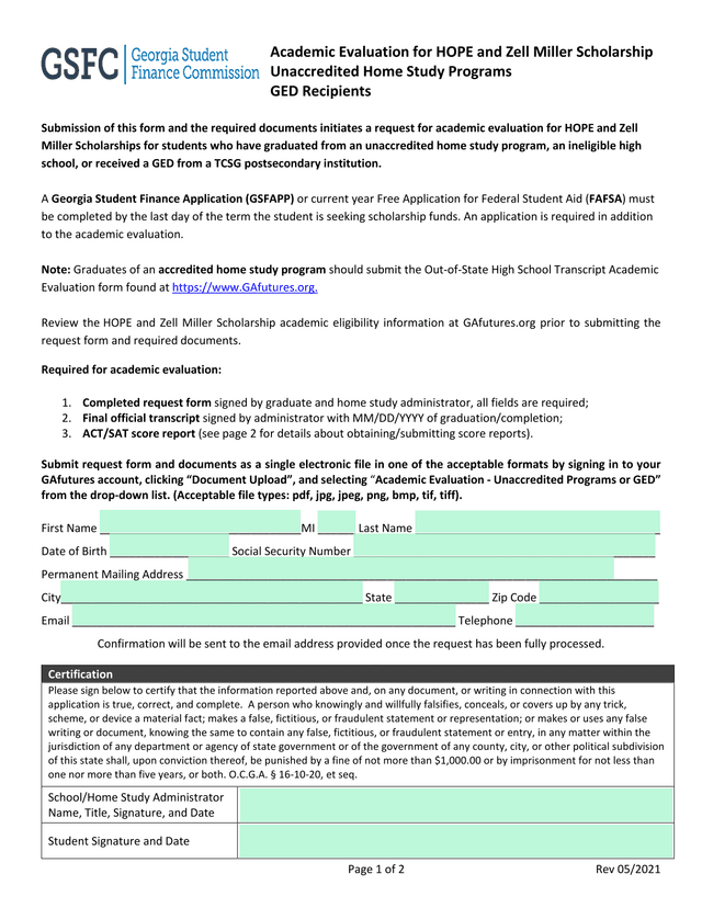 Academic Evaluation For HOPE And Zell Miller Scholarship screenshot