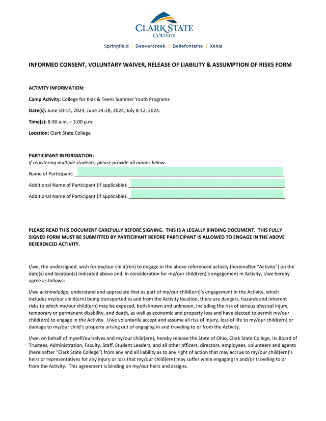 Informed Consent, Voluntary Waiver, Release Of Liability  Assumption Of Risks Form screenshot