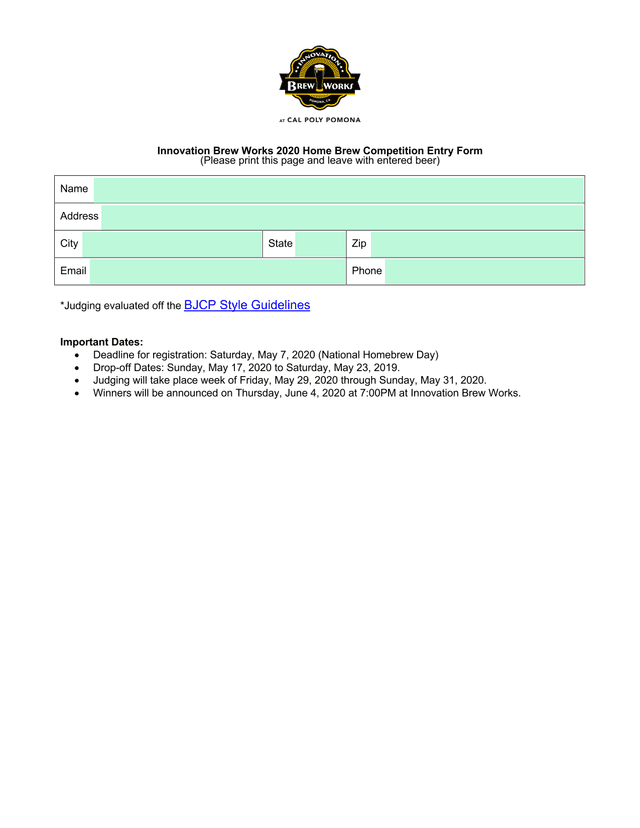 Innovation Brew Works 2020 Home Brew Competition Entry Form screenshot