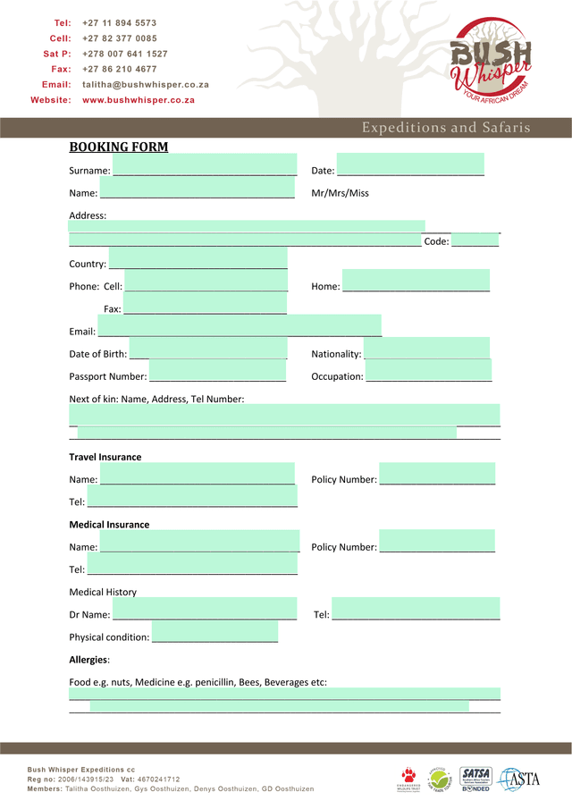 BOOKING FORM screenshot
