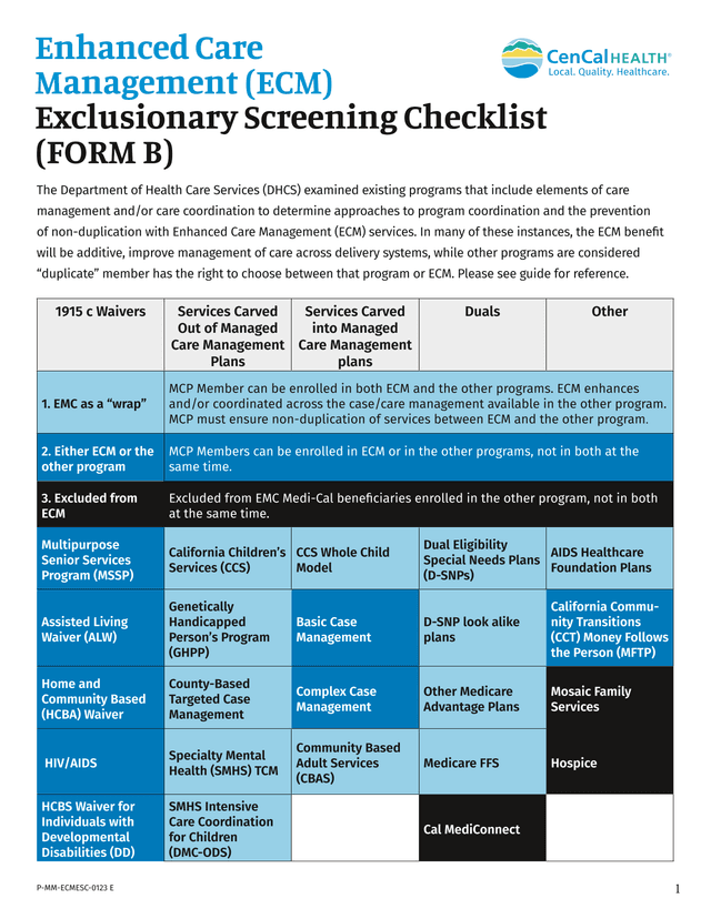 Enhanced Care Management (ECM) Exclusionary Screening Checklist (FORM B) screenshot