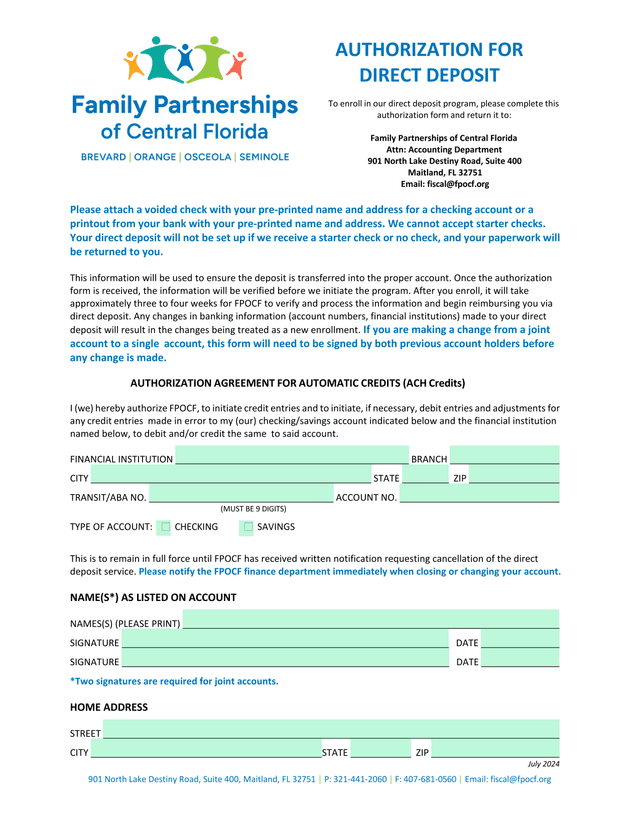 Authorization For Direct Deposit screenshot