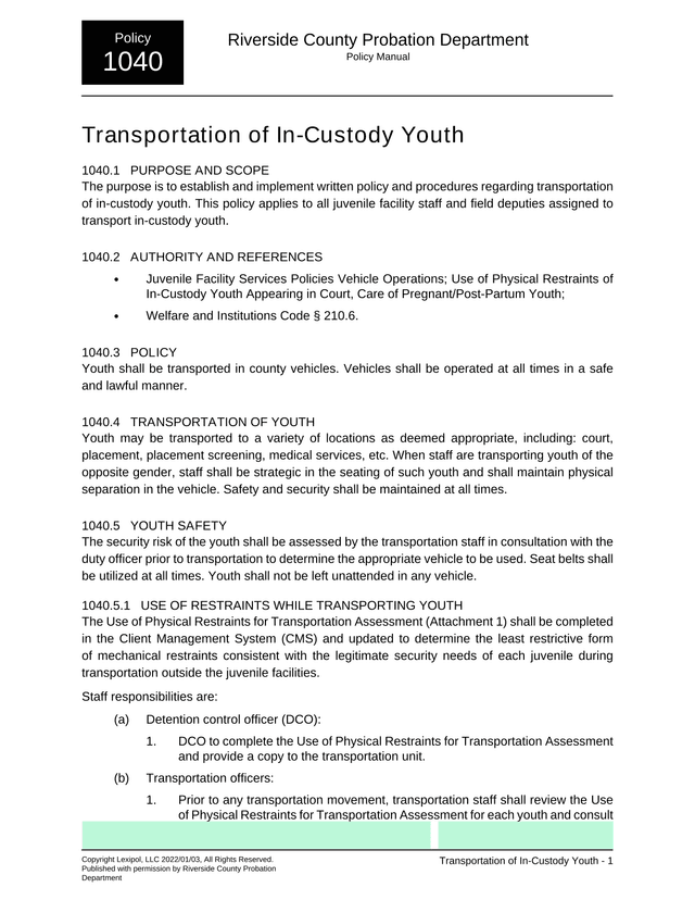 Transportation Of In Custody Youth Policy screenshot