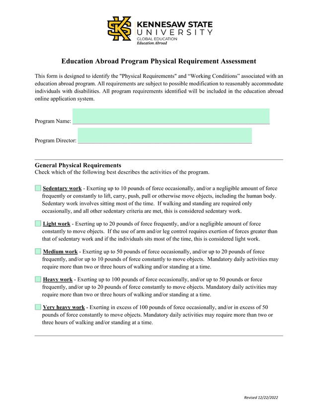 Education Abroad Program Physical Requirement Assessment screenshot