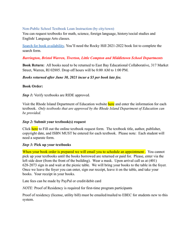 Non Public School Textbook Loan Instruction screenshot