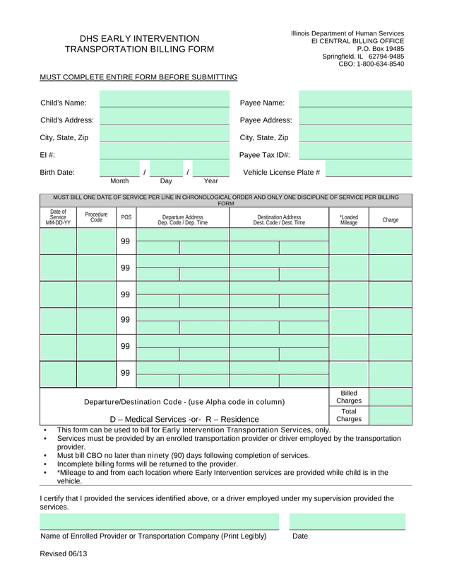 DHS Early Intervention Transportation Billing Form screenshot