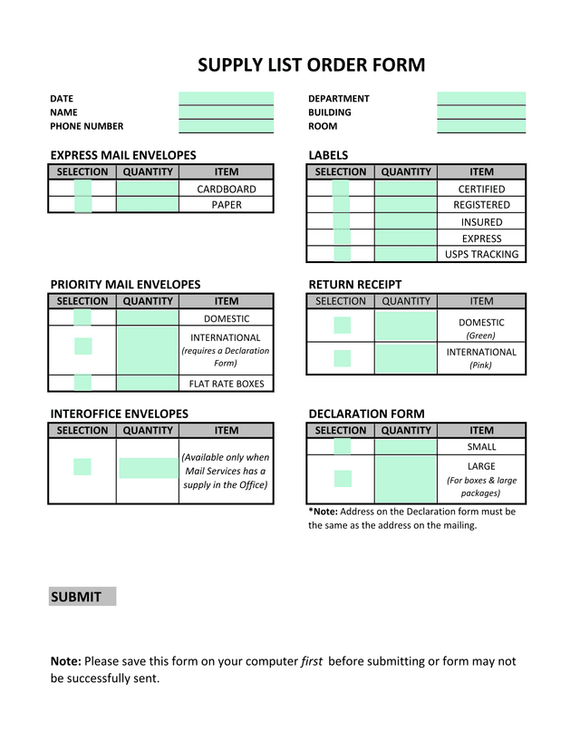 Supply List Order Form screenshot