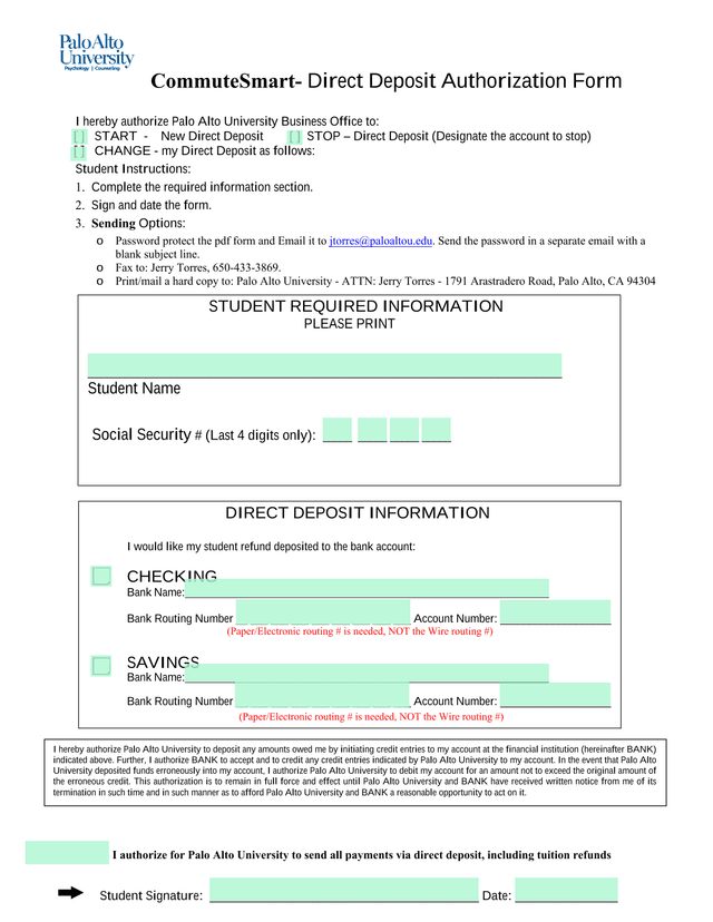 CommuteSmart  Direct Deposit Authorization Form screenshot