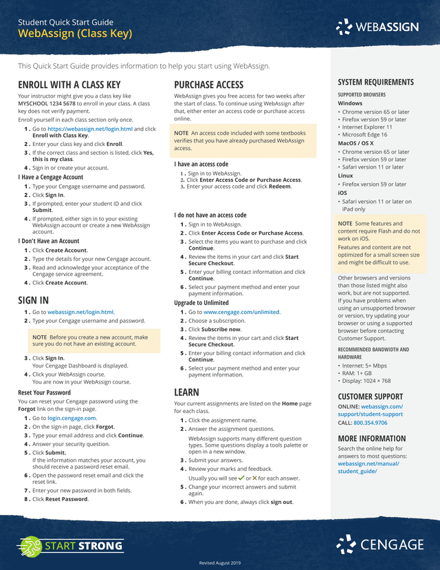 Student Quick Start Guide WebAssign (Class Key) screenshot