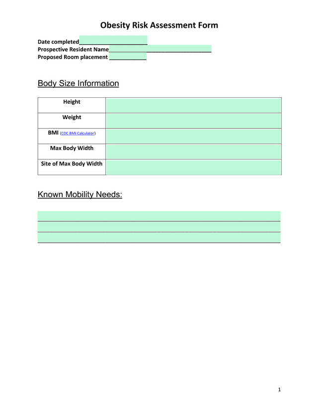 Obesity Risk Assessment Form screenshot