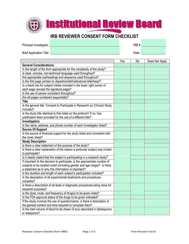 Reviewer Consent Checklist (Form IRB6) screenshot