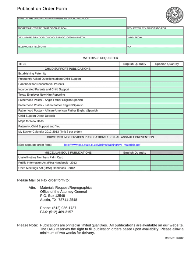 Publication Order Form screenshot