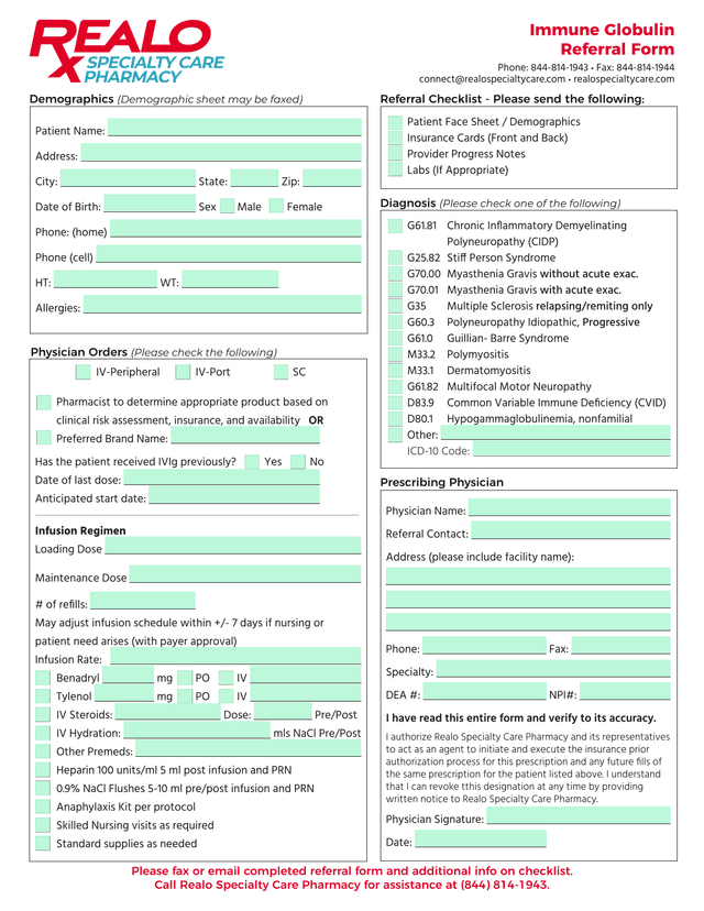 Immune Globulin Referral Form screenshot