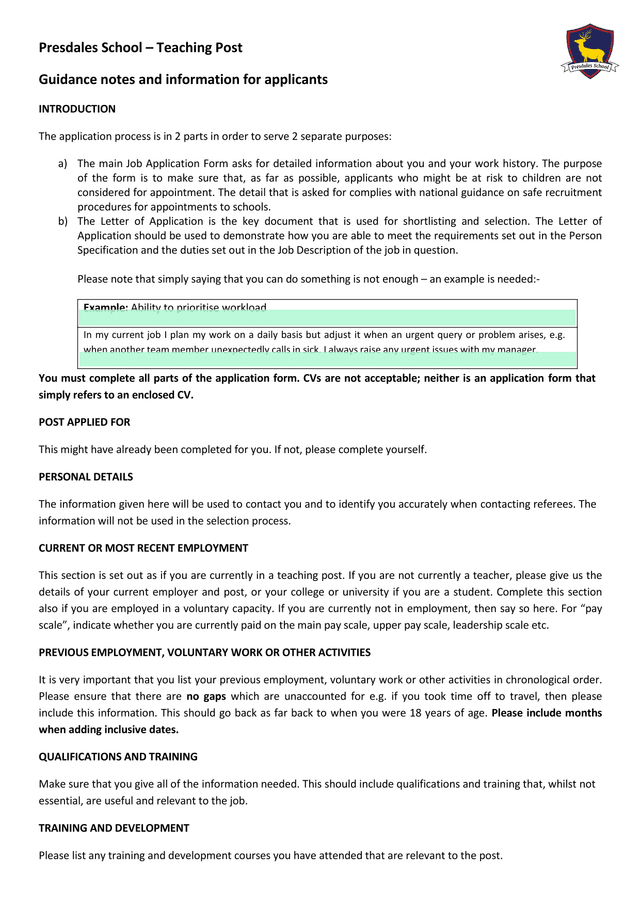 Presdales School  Teaching Post Guidance Notes screenshot