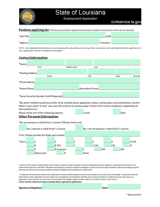 Employment Application Form screenshot