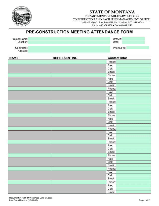 PRE CONSTRUCTION MEETING ATTENDANCE FORM screenshot