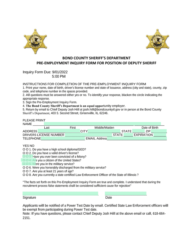 PRE EMPLOYMENT INQUIRY FORM FOR POSITION OF DEPUTY SHERIFF screenshot