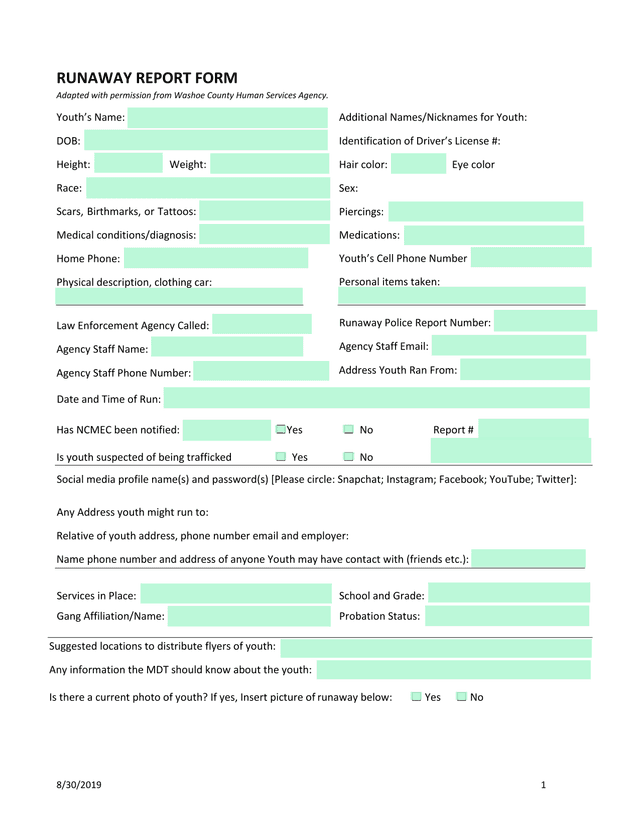 Runaway Report Form screenshot