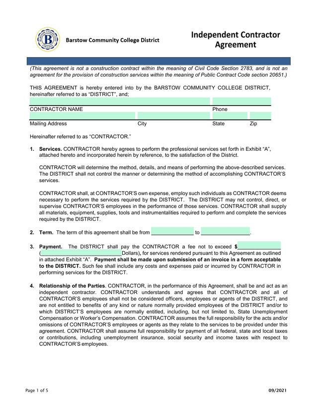 Independent Contractor Agreement screenshot