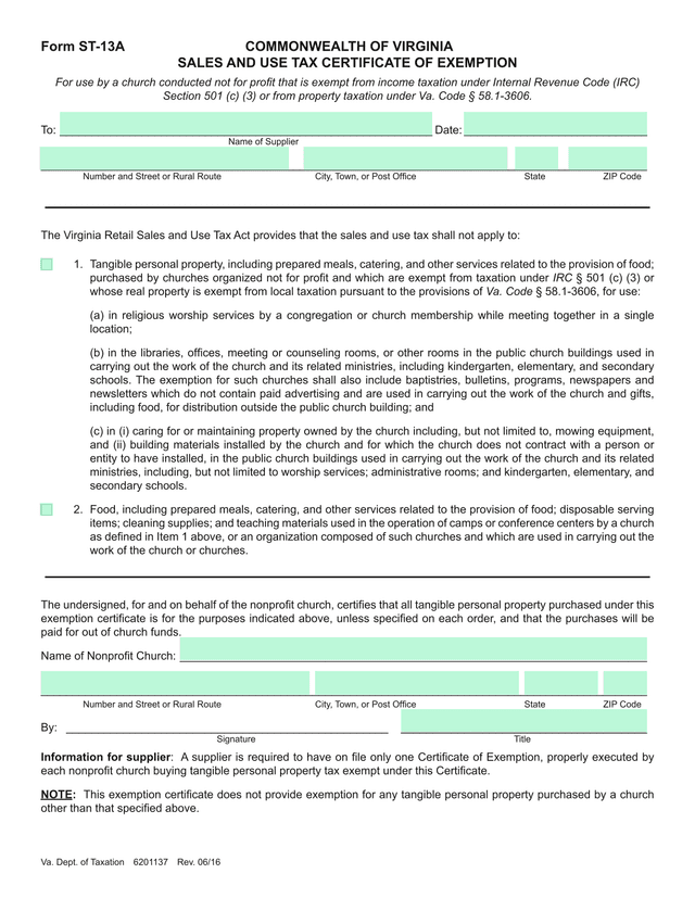 Form ST 13A Sales And Use Tax Certificate Of Exemption screenshot