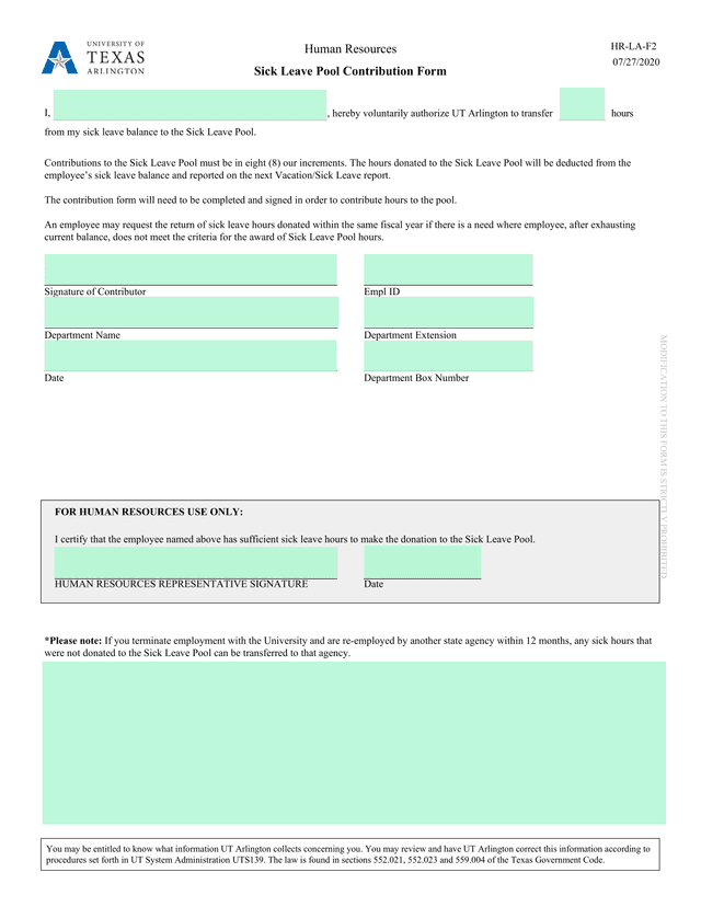Sick Leave Pool Contribution Form screenshot