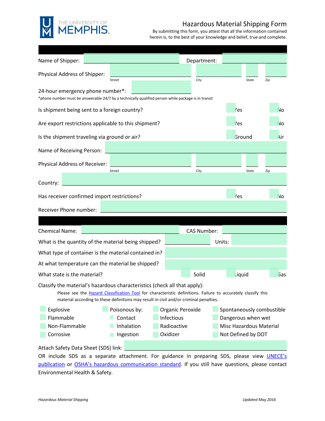 Hazardous Material Shipping Form screenshot