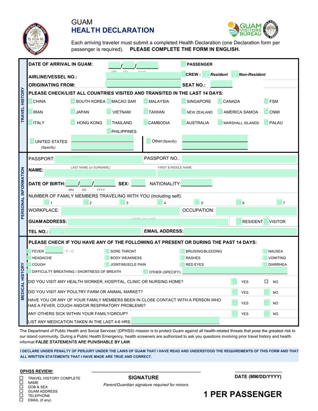 Guam Travelers Health Declaration Form screenshot