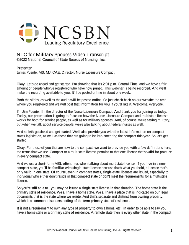NLC For Military Spouses Video Transcript screenshot