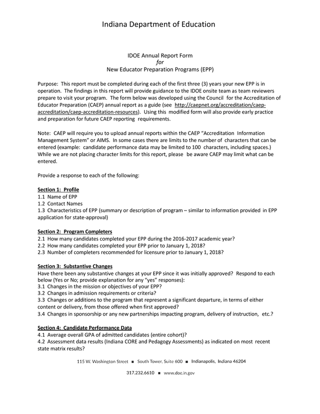IDOE Annual Report Form For New Educator Preparation Programs (EPP) screenshot