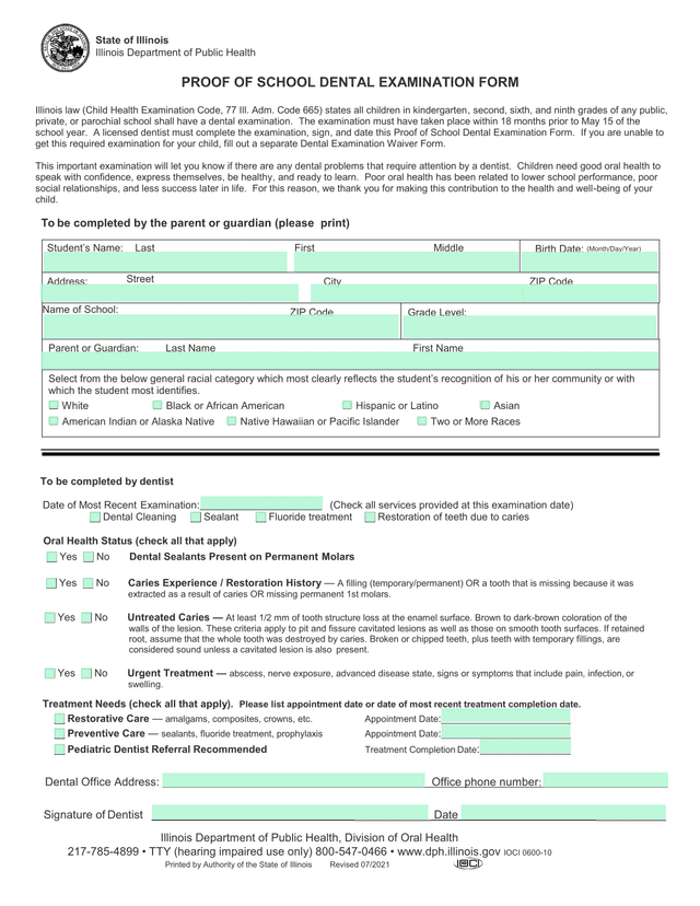 Proof Of School Dental Examination Form screenshot