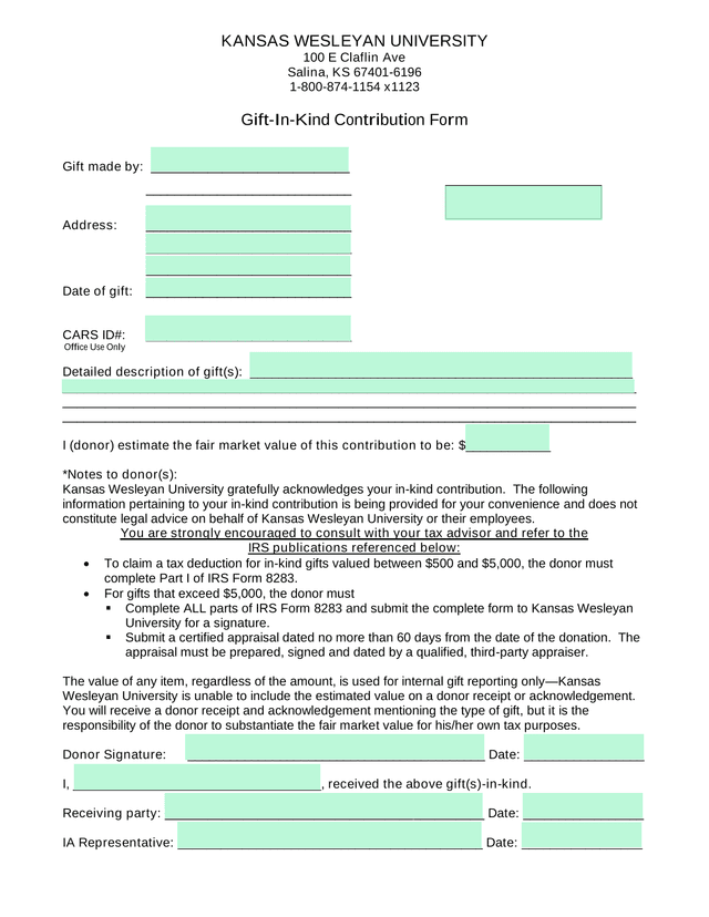 Gift In Kind Contribution Form screenshot