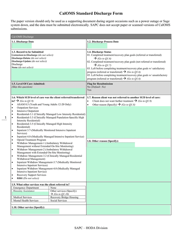 CalOMS Standard Discharge Form screenshot