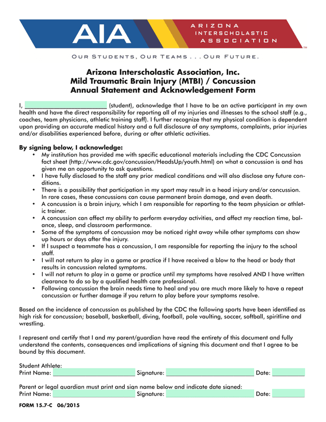 Arizona Interscholastic Association, Inc. Mild Traumatic Brain Injury (MTBI)  Concussion Annual Stat screenshot