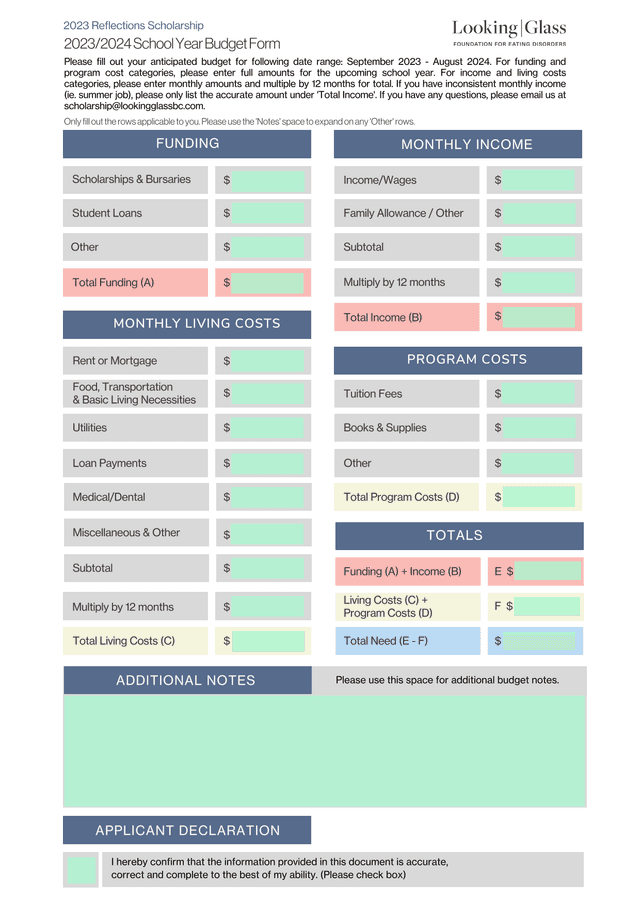 20232024 School Year Budget Form screenshot