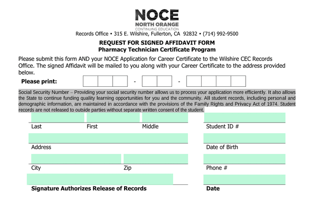 REQUEST FOR SIGNED AFFIDAVIT FORM screenshot