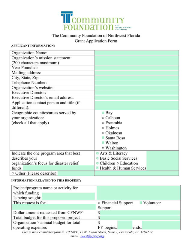 Community Foundation Of Northwest Florida Grant Application Form screenshot